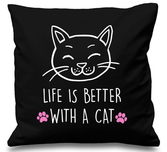 "60 SECOND MAKEOVER Black Cushion Cover Life Is Better With A Cat 16"" x 16"" Mum Friend Gift Decorative - Size: 40 cm x 40 cm"