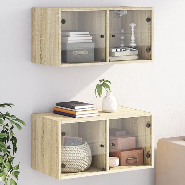 Berkfield Home Wall Cabinets with Glass Doors 2 pcs Sonoma Oak 68.5x37x35 cm in Brown - image 1