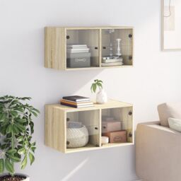 Berkfield Home Wall Cabinets with Glass Doors 2 pcs Sonoma Oak 68.5x37x35 cm in Brown - thumbnail 3