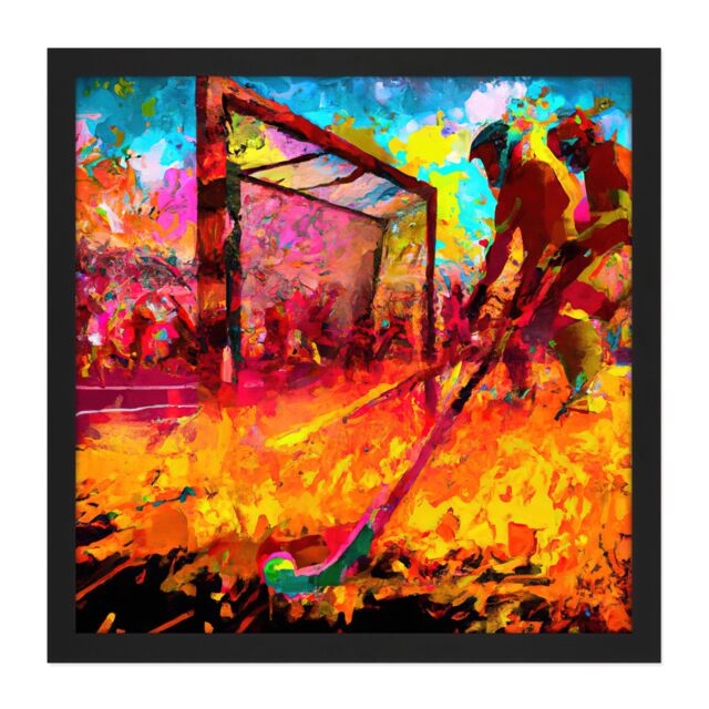 "Artery8 Wall Art Print Field Hockey Game Abstract Vibrant Colourful Oil Painting Square Framed Picture 16X16 Inch in Black - Size: W16"" x H16""" - image 1