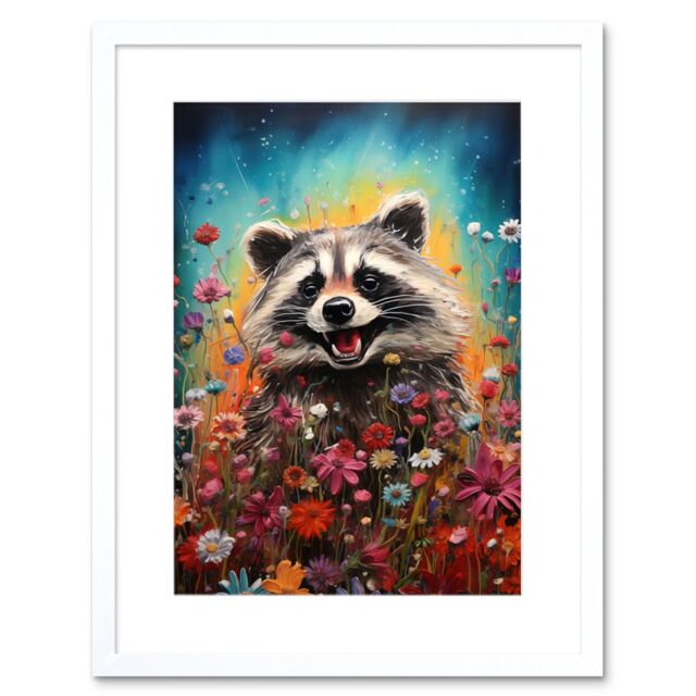 Artery8 Wall Art Print Gleeful Racoon Quirky Portrait Spring Makes Everything Better Oil Painting Kids Bedroom Blooming Wildflower Meadow Artwork - image 1