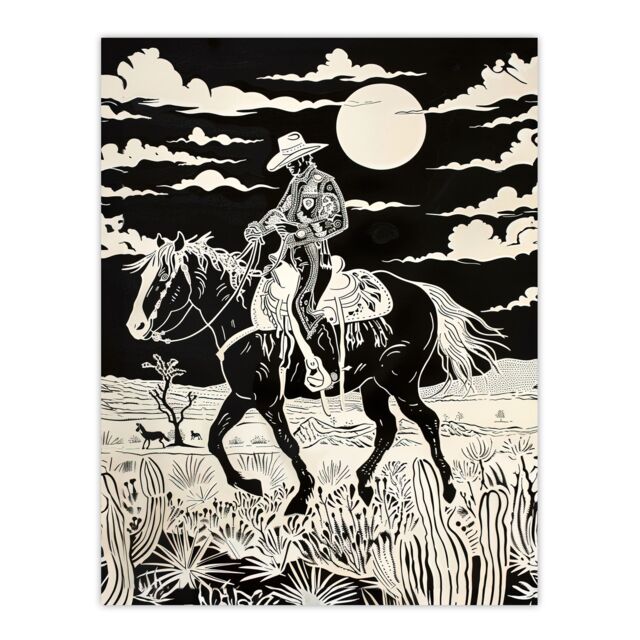 "Artery8 Midnight Cowboy Black & White Western Desert Wall Art Print - Size: W24"" x H32""" - image 1