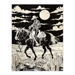 "Artery8 Midnight Cowboy Black & White Western Desert Wall Art Print - Size: W24"" x H32""" - thumbnail 1