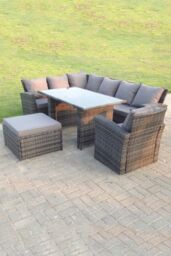 Fimous 8 Seater High Back Rattan Set Corner Sofa With Black Tempered Dining Table Footstool With Arm Chair in Dark Grey - thumbnail 4