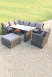 Fimous 8 Seater High Back Rattan Set Corner Sofa With Black Tempered Dining Table Footstool With Arm Chair in Dark Grey - thumbnail 2