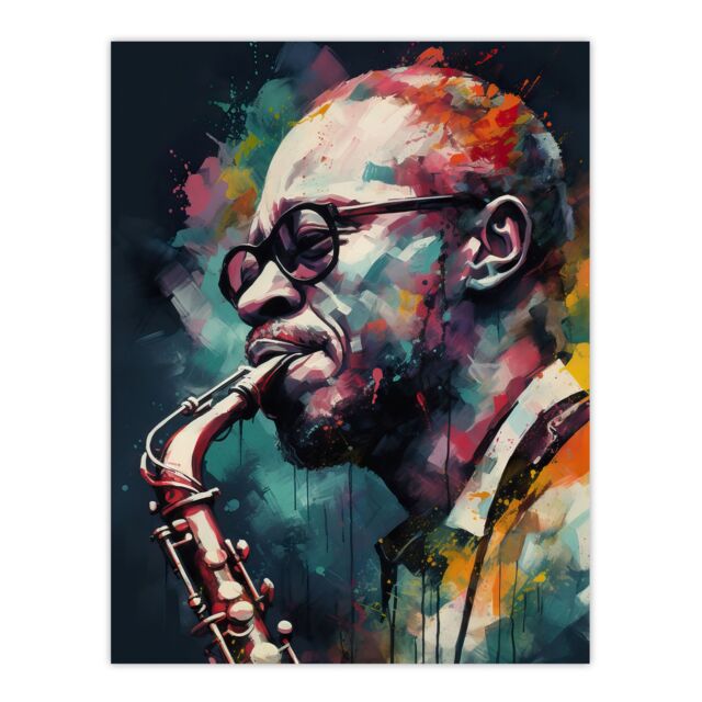 "Artery8 Wall Art Print Saxophone Player Playing Music Acrylic Painting Blue Pink Yellow Jazz Musician Portrait Poster in Black - Size: W18"" x H24""" - image 1