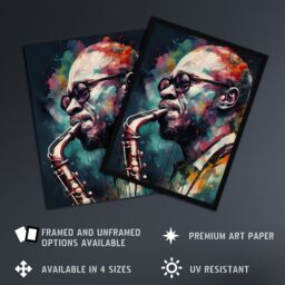 "Artery8 Wall Art Print Saxophone Player Playing Music Acrylic Painting Blue Pink Yellow Jazz Musician Portrait Poster in Black - Size: W18"" x H24""" - thumbnail 2