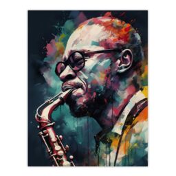"Artery8 Wall Art Print Saxophone Player Playing Music Acrylic Painting Blue Pink Yellow Jazz Musician Portrait Poster in Black - Size: W18"" x H24""" - thumbnail 1