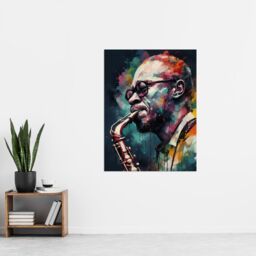 "Artery8 Wall Art Print Saxophone Player Playing Music Acrylic Painting Blue Pink Yellow Jazz Musician Portrait Poster in Black - Size: W18"" x H24""" - thumbnail 4