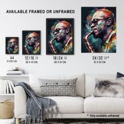 "Artery8 Wall Art Print Saxophone Player Playing Music Acrylic Painting Blue Pink Yellow Jazz Musician Portrait Poster in Black - Size: W18"" x H24""" - thumbnail 3