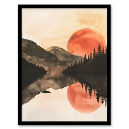 Artery8 Red Sun Setting Behind Lakeside Forest Mountains Framed Art Print in Orange - Size: A4 - thumbnail 1
