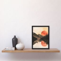 Artery8 Red Sun Setting Behind Lakeside Forest Mountains Framed Art Print in Orange - Size: A4 - thumbnail 4