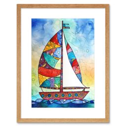 "Artery8 Wall Art Print Sailboat With Flower Pattern Folk Artwork Framed 9X7 Inch in Beige - Size: W7"" x H9""" - thumbnail 1