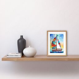 "Artery8 Wall Art Print Sailboat With Flower Pattern Folk Artwork Framed 9X7 Inch in Beige - Size: W7"" x H9""" - thumbnail 2
