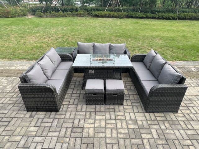 Fimous Rattan Furniture Garden Dining Set Gas Fire Pit Table With Side Table Lounge Sofa 2 Small Footstools Dark Grey Mixed - image 1