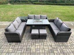 Fimous Rattan Furniture Garden Dining Set Gas Fire Pit Table With Side Table Lounge Sofa 2 Small Footstools Dark Grey Mixed - thumbnail 3