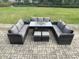 Fimous Rattan Furniture Garden Dining Set Gas Fire Pit Table With Side Table Lounge Sofa 2 Small Footstools Dark Grey Mixed - thumbnail 1