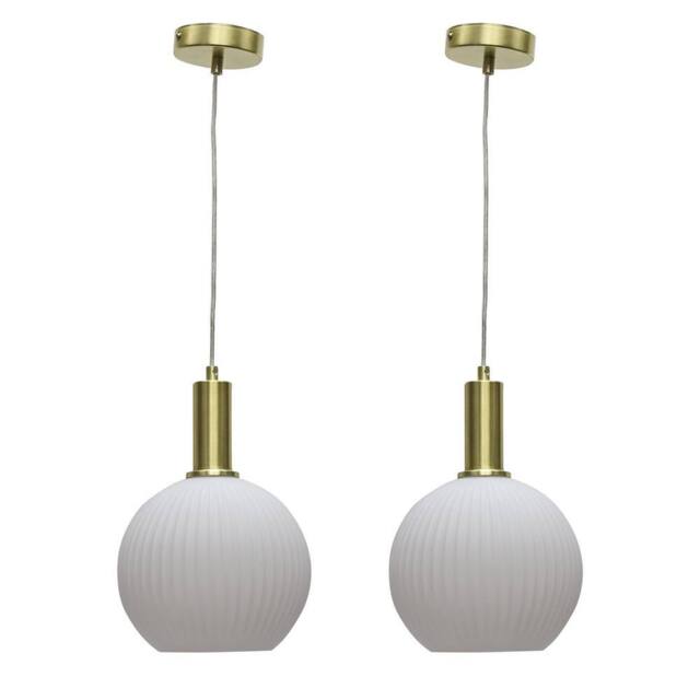 First Choice Lighting Set of 2 Betchley - White Ribbed Glass Globe Satin Brass Deco Pendants - image 1