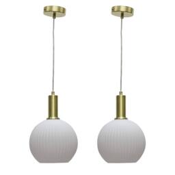 First Choice Lighting Set of 2 Betchley - White Ribbed Glass Globe Satin Brass Deco Pendants - thumbnail 1