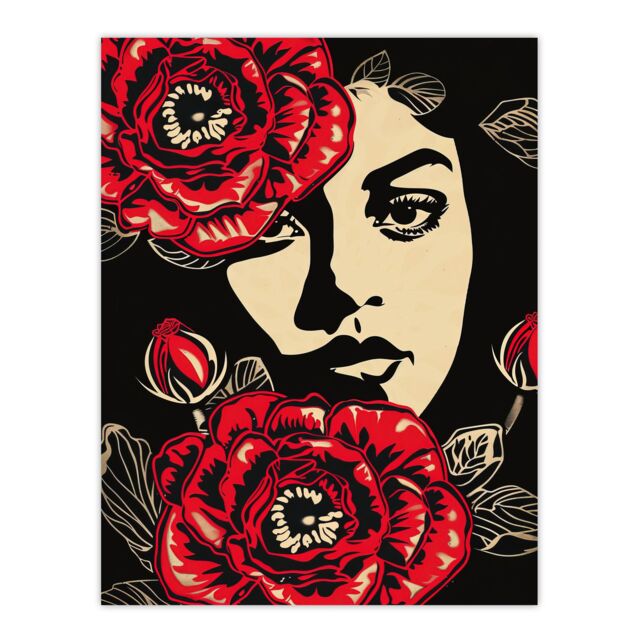 "Artery8 Beauty in Bloom Woman Face & Flowers Design Wall Art Print in Red - Size: W24"" x H32""" - image 1