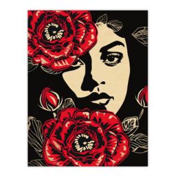 "Artery8 Beauty in Bloom Woman Face & Flowers Design Wall Art Print in Red - Size: W24"" x H32""" - thumbnail 1