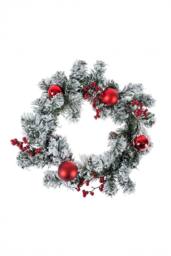 Homescapes Frosted Large Artificial Fir Wreath with Red Baubles, 19 Inch