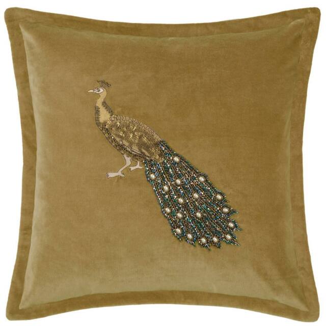 Voyage Maison Mayura Peacock Embellished Velvet Cushion in Mustard - Size: 55 cm x 55 cm - image 1