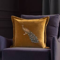 Voyage Maison Mayura Peacock Embellished Velvet Cushion in Mustard - Size: 55 cm x 55 cm - thumbnail 2