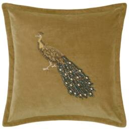 Voyage Maison Mayura Peacock Embellished Velvet Cushion in Mustard - Size: 55 cm x 55 cm - thumbnail 1