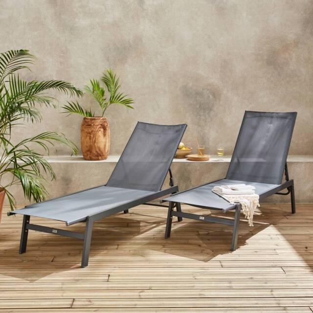 sweeek Set Of 2 Multi-position Deckchairs Textilene & Steel in Grey - image 1