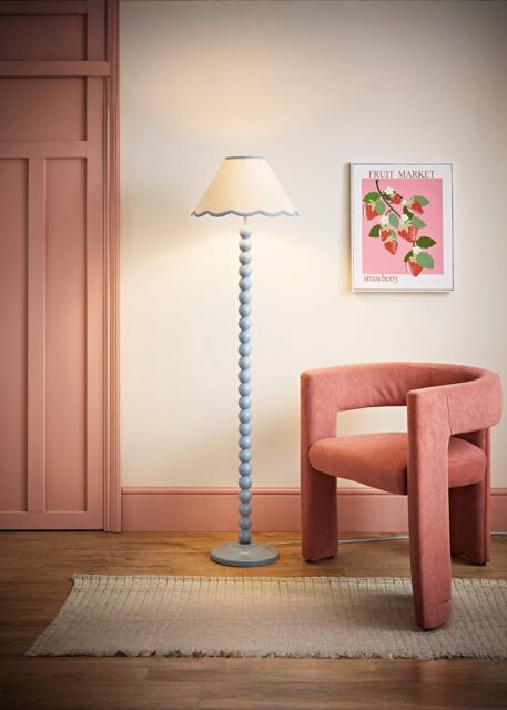 ValueLights Bobbins Powder Blue Floor Lamp with Tapered Natural Linen Scallop Shade in Pale Blue - image 1