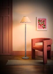 ValueLights Bobbins Powder Blue Floor Lamp with Tapered Natural Linen Scallop Shade in Pale Blue - thumbnail 2