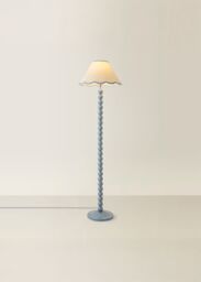 ValueLights Bobbins Powder Blue Floor Lamp with Tapered Natural Linen Scallop Shade in Pale Blue - thumbnail 3