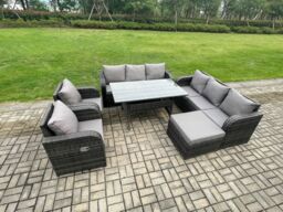 Fimous 6 Piece Rattan Garden Furniture Set with Patio Sofa Rectangular Dining Table Big Footstool Indoor Conservatory Patio Set in Dark Grey - thumbnail 2