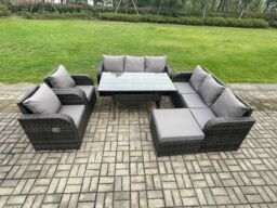 Fimous 6 Piece Rattan Garden Furniture Set with Patio Sofa Rectangular Dining Table Big Footstool Indoor Conservatory Patio Set in Dark Grey - thumbnail 1