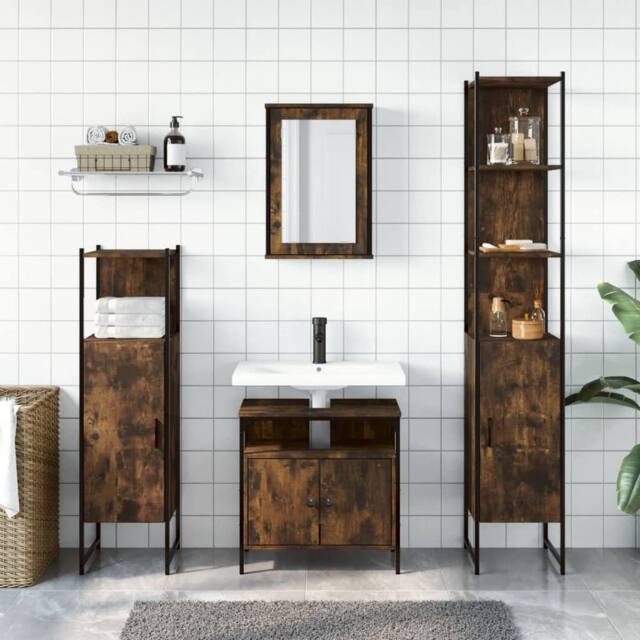 Berkfield Home Durable 4 Piece Bathroom Furniture Set Smoked Oak Engineered Wood in Brown - image 1
