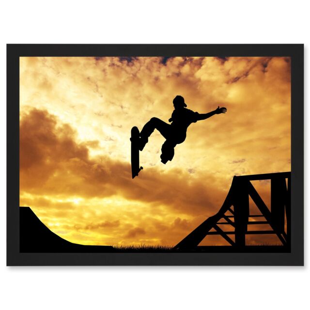 Artery8 Sunset Skateboard Silhouette Half Pipe A4 Artwork Framed Wall Art Print in Black - image 1