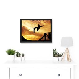 Artery8 Sunset Skateboard Silhouette Half Pipe A4 Artwork Framed Wall Art Print in Black - thumbnail 2