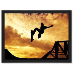 Artery8 Sunset Skateboard Silhouette Half Pipe A4 Artwork Framed Wall Art Print in Black - thumbnail 1