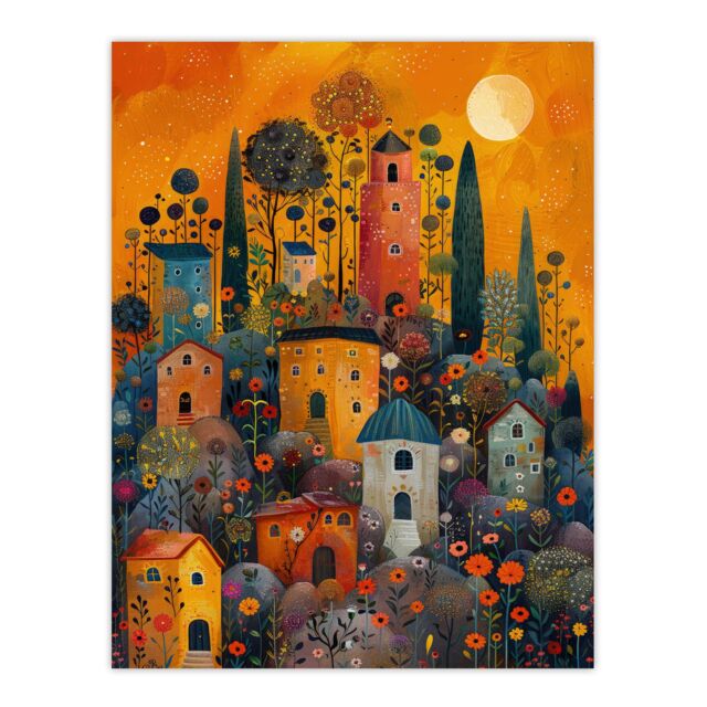 "Artery8 Wall Art Print Flower Hill Village Sunset Folk Art Poster in Orange - Size: W12"" x H16""" - image 1