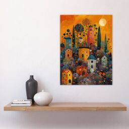 "Artery8 Wall Art Print Flower Hill Village Sunset Folk Art Poster in Orange - Size: W12"" x H16""" - thumbnail 4
