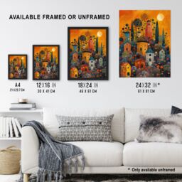 "Artery8 Wall Art Print Flower Hill Village Sunset Folk Art Poster in Orange - Size: W12"" x H16""" - thumbnail 3
