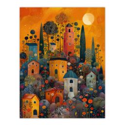 "Artery8 Wall Art Print Flower Hill Village Sunset Folk Art Poster in Orange - Size: W12"" x H16""" - thumbnail 1