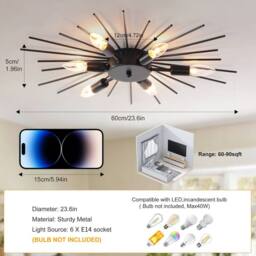 Garwarm 6 -Light 60cm Dimmable Sputnik Flush Mount in Black - thumbnail 4