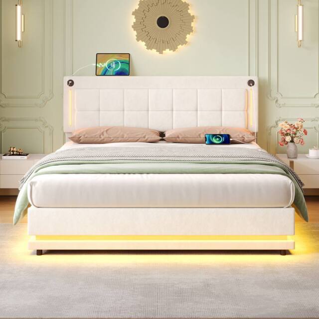 Merax Beige Velvet Ottoman Bed with LED & Charging Station - Size: Double - image 1