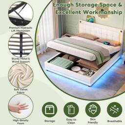 Merax Beige Velvet Ottoman Bed with LED & Charging Station - Size: Double - thumbnail 9