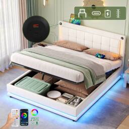 Merax Beige Velvet Ottoman Bed with LED & Charging Station - Size: Double - thumbnail 2
