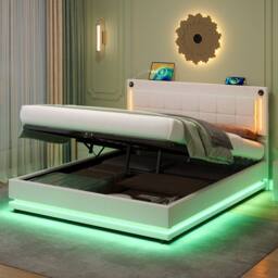 Merax Beige Velvet Ottoman Bed with LED & Charging Station - Size: Double - thumbnail 3