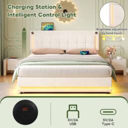 Merax Beige Velvet Ottoman Bed with LED & Charging Station - Size: Double - thumbnail 7