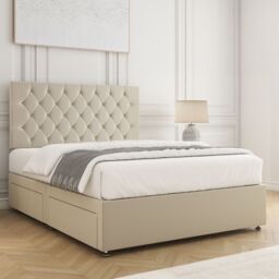 "BSSPOKE Mia Plush Velvet Divan Bed 2Drawers Same Side 24"" Headboard& Mattress in Cream - Size: Super King" - thumbnail 3